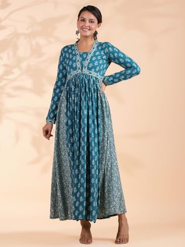 Image of Vbuyz Women's Floral Print Anarkali Cotton Aqua Blue Stitched Kurta | Anarkali Kurti for Women | Kurta for Women