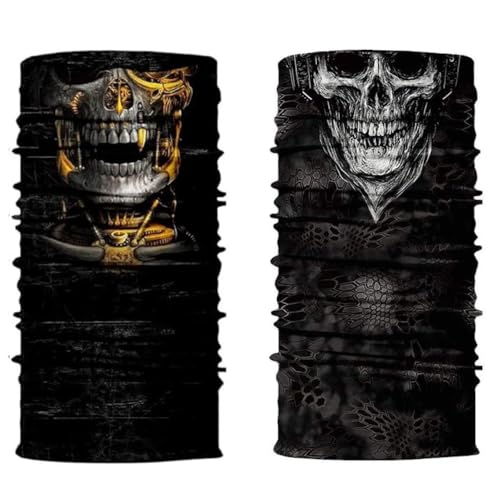 ShopINess Lot de 2 Cache-Cou Foulard Multifonctions Unisexe pour Fêtes Halloween Carnaval, Sport et Activités de Plein Air Tête de Mort Crâne (Or + Blanc)