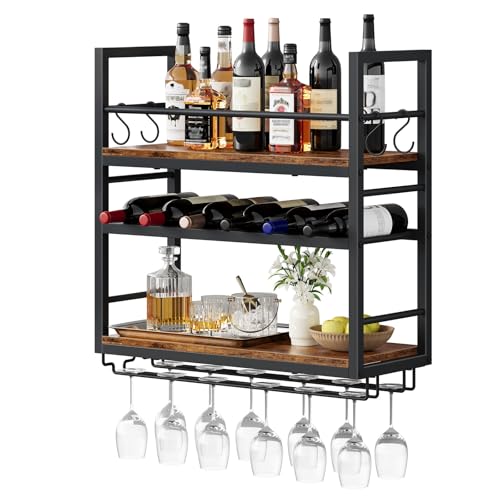 HOOBRO 3-Tier Wall Mount Wine Rack Wooden Metal Bottle Display Shelf with 2-Row Glass Holder and 4 Hooks Multi-Purpose Rack for Home Bar Kitchen Living Room Rustic Brown and Black EBF60JJ01