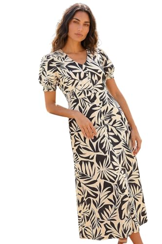 Image of Roman Originals Swing Tea Dress Women UK Ladies Skater Midi A Line Fit & Flare Summer Casual Smart Cocktail Party Going Out Work Cruise Button Through Long Pocket - Abstract Black - Size 14