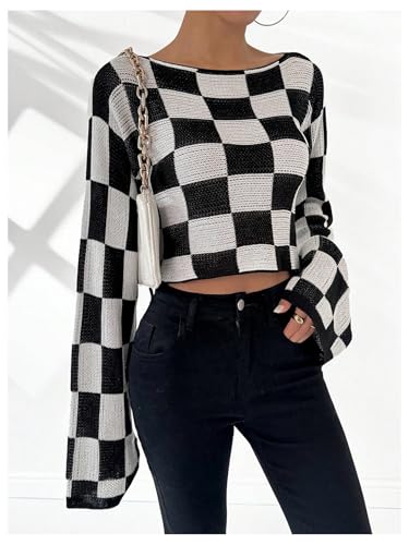 SOLY HUX Women's Plaid Sweater Checkered Print Off Shoulder Drop Shoulder Long Sleeve Pullover Crop Tops4