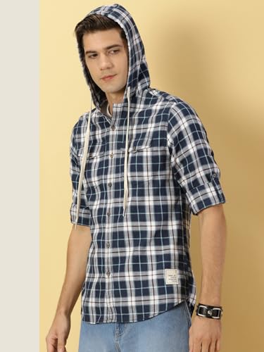 Image of Thomas Scott Men's | Checks | Full Sleeve | Regular Fit | 100% Cotton | Hooded | Casual Shirt