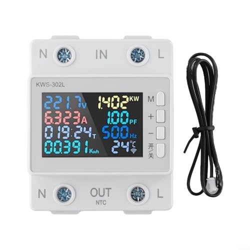 Eawfgtuw LCD Digital Energy Meter Power Monitor AC170V-270V Electricity Usage Voltmeter KWS-302WF With WiFi Remote Control Overcurrent Protection Rail Installation(KWS-302L)