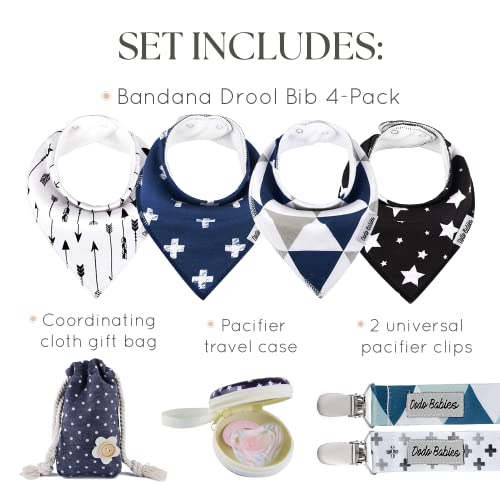 Dodo Babies Baby Bandana Drool Bib Set - 4Pc Infant Bibs With 2 Pacifier Clips, Binky Case, Gift-Ready Bag - Soft Absorbent Cotton With Polyester Back - Adjustable Buttons To Fit 3-24 -Month Old Boys #TOP2