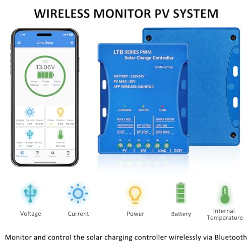 20A Bluetooth Solar Charge Controller 12V/24V Auto Matching Controller with APP Remote Monitor Intelligent PWM Solar Panel Regulator for Sealed, Gel, Flooded, LiFePO4, Lithium Batteries 7 Load Modes