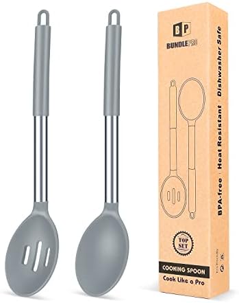 Pack of 2 Large Silicone Cooking Spoons,Non Stick Solid Basting Spoon,Heat-Resistant Kitchen Utensils for Mixing,Serving,Draining,Stirring (GREY)