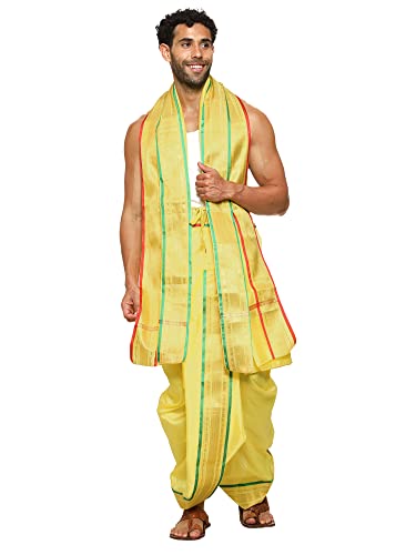 Image of Rameshwaram Fabrics Readymade Dhoti for Men, Velcro Style Stitched Mens Silk Dhoti Pant with Stole Set