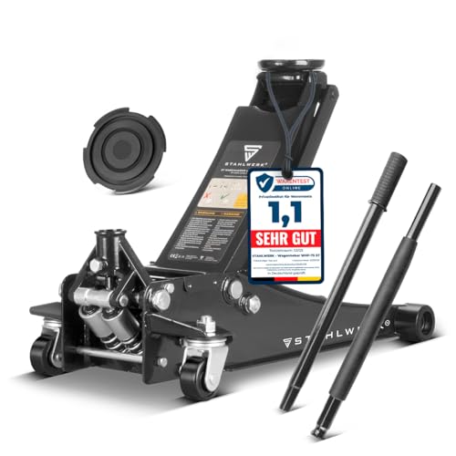 STAHLWERK Hydraulischer Wagenheber mit 3 t Tragkraft – extra flach, 73-500 mm Hubbereich, gummierte Rollen, Doppelhubkolben, Rangierwagenheber, Hydraulik-Wagenheber, Autoheber (WHB-73 ST)