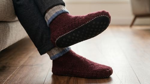 Image of Tibetan Socks Wool Hand Knit Fleece Lined Mid Bootie Slipper Sock Non Slip Sole