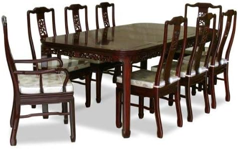 Rosewood Asian Dining Table 8 Chairs Set, 80 Inch Bird and Flower Dark Cherry