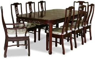 ChinaFurnitureOnline Rosewood Asian Dining Table 8 Chairs Set, 80 Inch Bird and Flower Dark Cherry