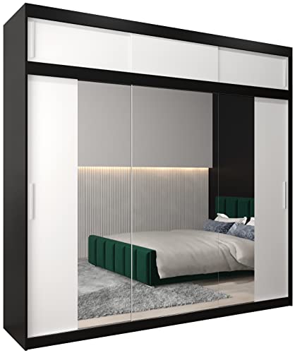 MEBLE KRYSPOL Kleiderschrank mit Spiegel Tokyo 2 - Garderobenschrank - Schrank Schlafzimmer - Mehrzweckschrank DREI Schiebetüren - Regalen - Flur Möbel - Kleiderstange Schrank - Allzweckschrank