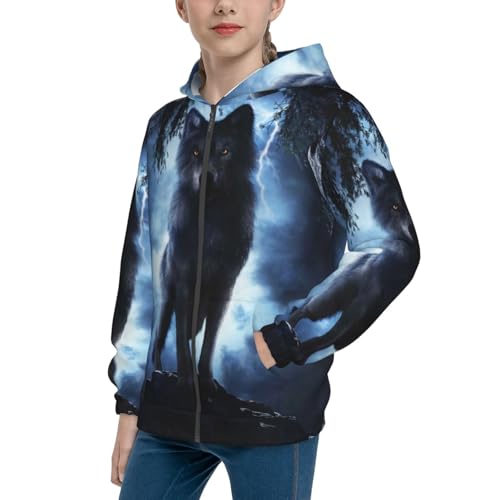 Night Scene of Wolves Kids Pullover Hoodies Boys Zip Up Sweatshirts Girls Athletic Clothes with Pocket