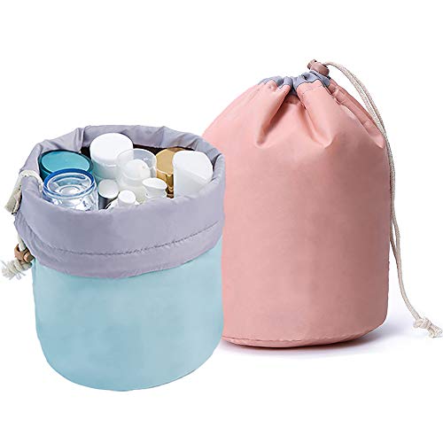 GCOA 2 Pieces Barrel Shaped Makeup Bags,Large Capacity Waterproof Travel Portable Fashion Drawstring Cosmetic Bag (Light Pink&Light Blue)