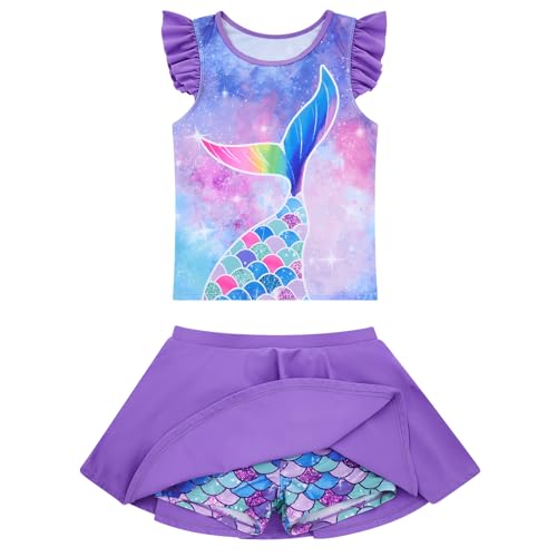Girls Rash Guard 5t 6t Girl Swimsuits Purple Mermaid Kids Bathing Suit Size 6 Swimwear UPF50+ Swimming Suits Ruffled Tankini Set 2pcs Skirt with Shorts Beach