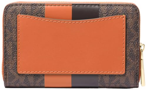Image of Michael Kors Jet Set Small Zip Around Card Case, Gold-Tone Hardware /Signature with Center Stripe /Orange Punch