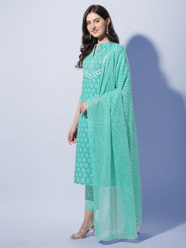 Image of MIRCHI FASHION Pure Cotton Women Straight Printed Embroidery Work Kurti Set with Dupatta and Pant