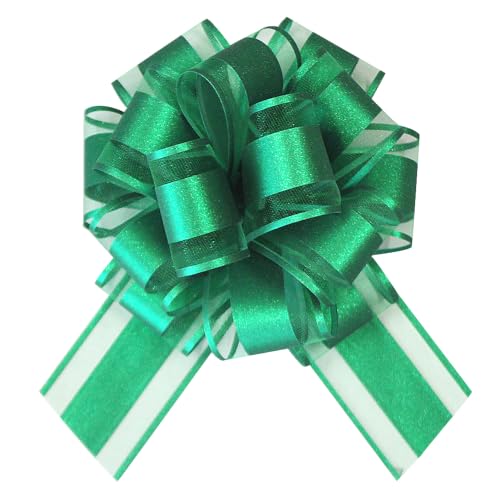 HQJAXJ 6pcs Green Bows for Gift Wrapping,6inch Glitter Pull Bows for Gift Baskets,Easter,Gift Baskets,Birthday Parties,Table Decorations,Christmas and Other Gift and Scene Decorations