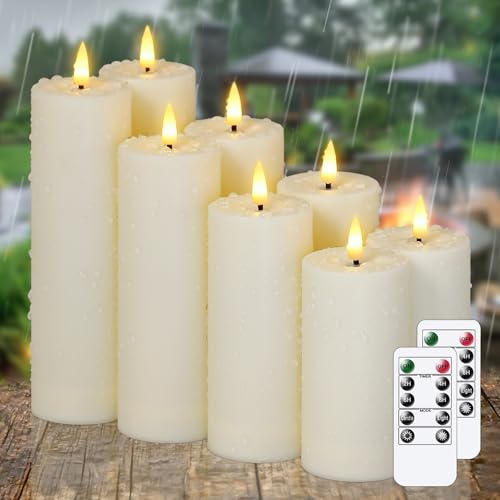 Image of 8pcs Waterproof Plastic Flameless 2.2 inch x4 inch 4 inch 5 inch 5 inch 6 inch 6 inch 7 inch 7 inch Flickering Ivory Candles with Remote and Timer, Outdoor LED Battery Operated Warm Light Long Lasting 600 Hrs