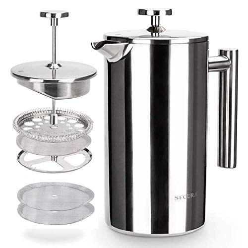 Comparison: Best Non Toxic French Press 4 Secura French Press Coffee Maker, 304 Grade Stainless Steel Insulated Coffee Press with 2 Extra Screens, 34oz (1 Litre), Silver