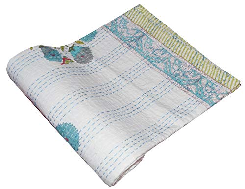 YUVANCRAFTS Copriletto Indiano Kantha In Cotone Fatto A Mano - Stampa Floreale, 200x150 Cm, Grigio, Ricamo Tradizionale