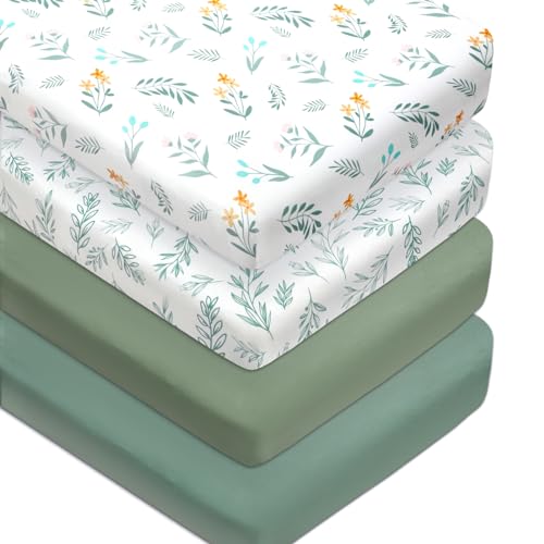 Image of 4 Pack Sage Green Fitted Nursery Sheets Breathable Neutral Unisex Baby Sheets for Boys or Girls with Leaf and Flower Design Standard Crib Sheet (Green, Crib Sheet)