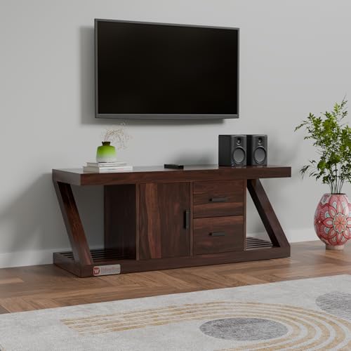Image of DRIFTINGWOOD Zenith Modern Z-Shape TV Console for Up to 50 Inch TV, Solid Sheesham Wood Media Stand with 3 Storage Compartments (1 Cabinet, 2 Drawers), Walnut Finish