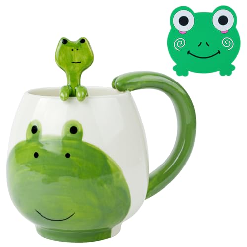 AOOTE Taza de Rana, 400 ml, taza de té cerámica con cuchara y posavasos para hombre y mujer AOOTE Taza de Rana, 400 ml, taza de té cerámica con cuchara y posavasos para hombre y mujer