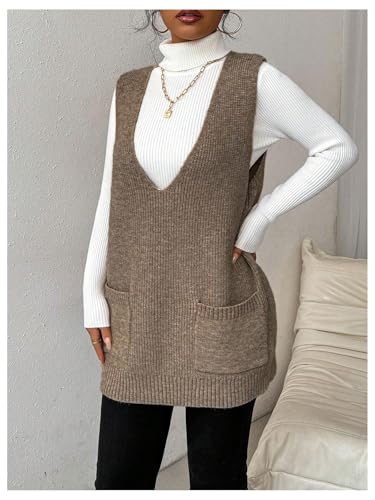 Image of SHENHE Women's Deep V Neck Long Sweater Vest Casual Loose Knit Tunic Pullover with Pockets