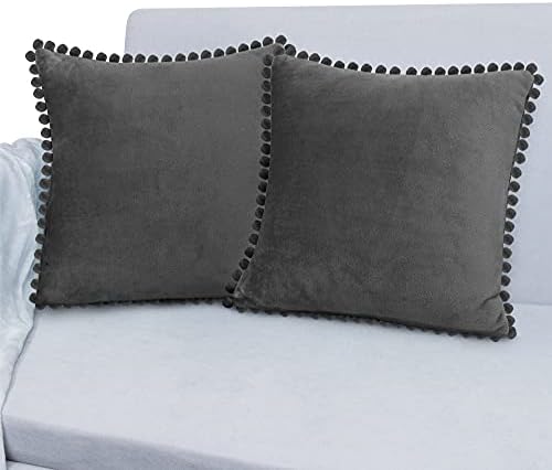 PAVILIA Dark Gray Throw Pillow Covers, 18x18, Set of 2, Pom Pom | Decorative Velvet Cushion Covers for Sofa Couch Bed | Solid Black Fleece Accent Pillow Case Pompom