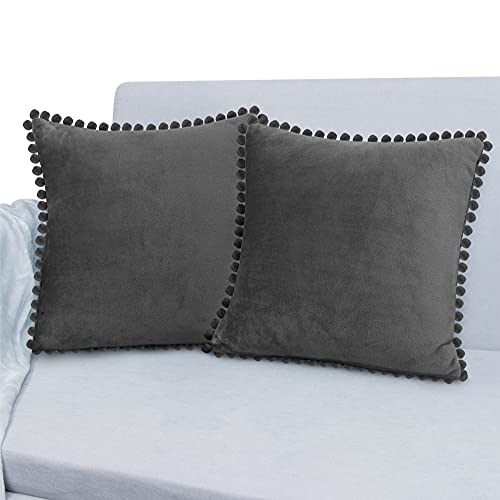 Pavilia Dark Gray Throw Pillow Covers, 18X18, Set Of 2, Pom Pom | Decorative Velvet Cushion Covers For Sofa Couch Bed | Solid Black Fleece Accent Pillow Case Pompom #TOP11