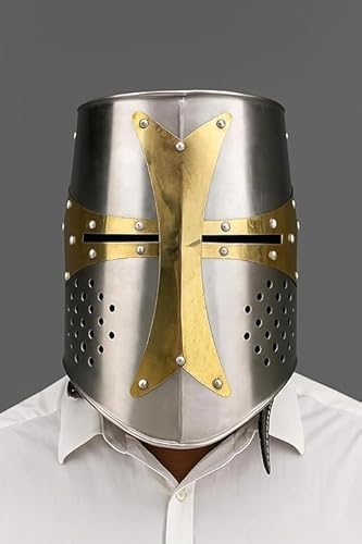 Medieval Templar Knight Crusader Helmet, Steel with Brass Cross, 13th Century Style, Polished Silver, Adjustable Leather Liner, LARP Costume