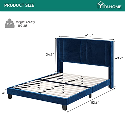 Yitahome Upholstered Wingback Platform Bed With Navy Blue Velvet Headboard, Bed Frame With Wood Slat/No Box Spring Needed/Mattress Foundation (Queen) #TOP1