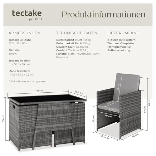 tectake® Poly Rattan Sitzgruppe für 2 Personen, Outdoor Möbel platzsparend zusammenschiebbar, 2 Sessel & 1 Tisch, ideales Balkon Lounge Set, Gartenmöbel, Terrassenmöbel wetterfest - grau 6
