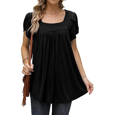 DUSDIMON Women's Tunic Tops Petal Short Sleeve Square Neck Loose Flowy Pleated Shirts(Black, M) Cover