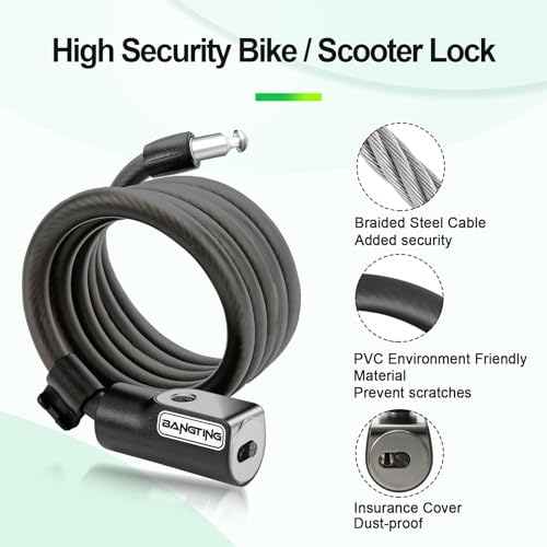 Bangting Candado para patinete eléctrico, 120 cm/12 mm, alta seguridad, cable con 2 llaves para scooter/electrónico/bicicleta/motocicleta/nino/coche - imagen 2