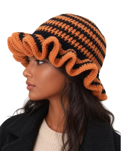 Image of Women Crochet Bucket Hat Cute Winter Ruffled Brim Floppy Cap Handmade Knit Cloche Hats