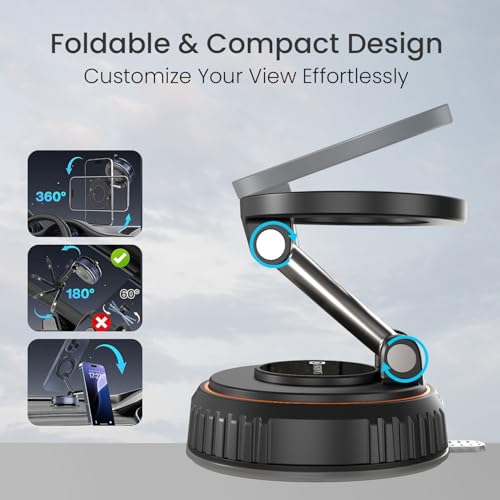 Image of Portronics Hold Y Magnetic Vacuum Suction Mobile Holder, Multiple Angle Adjustment, Retractable, Strong Magnetic Attachment, Compatible with iPhone & Android Phone for Car, Desk, Mirror, Glass(Black)