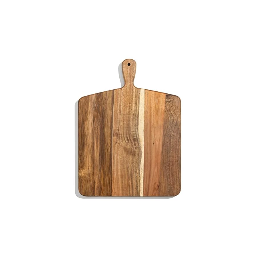 Acacia Wood Cutting Board and Chopping Board with Handle for Meat, Cheese Board, Vegetables, Bread, and Charcuterie - Decorative Wooden Serving Board for Kitchen and Dining Room, Large 17” x 13”