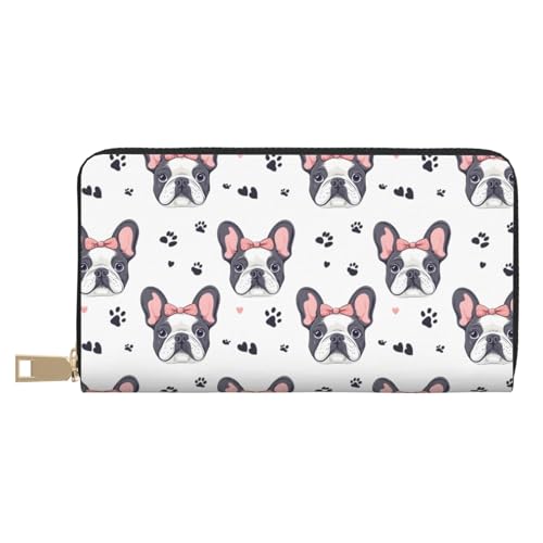 Cute Bow Pug Print Wallet Women, Leather Bifold Multi Card Wallet, Long Purse Women's Wallets