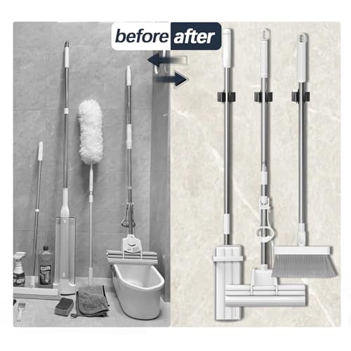 3-H Stainless Steel Broom Holder Wall Mount 6-Pack- Heavy Duty Mop Organizer, Wall Mounted Broom Storage with Secure Mounting for Kitchen Laundry Garage Bathroom (Space Saving)