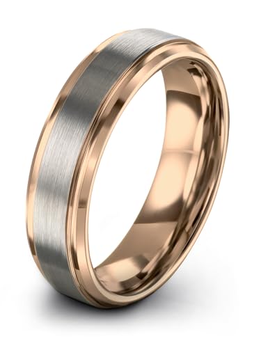 Tungsten Wedding Band Ring 6mm Men Women Comfort Fit 18k Yellow Rose Gold Grey Black Step Bevel Edge Brushed Polished