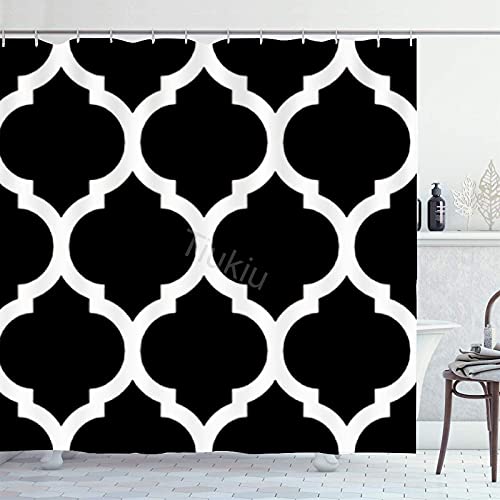 Shower Curtain - Elegan Black White Moroccan Quatrefoil Pattern Shower Curtains For Bathroom Decor 72Wx72H Inch,Waterproof Fabric Shower Curtains Set For Home Bathroom Decor With 12 Plastic Hooks #TOP3