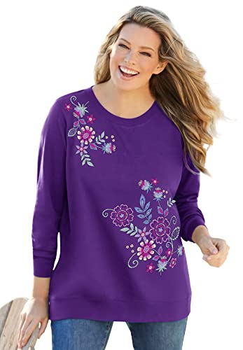 Woman Within Women's Plus Size French Terry Sweatshirt - 2X, Radiant Purple Multi Floral Embroidery Multicolored #TOP11