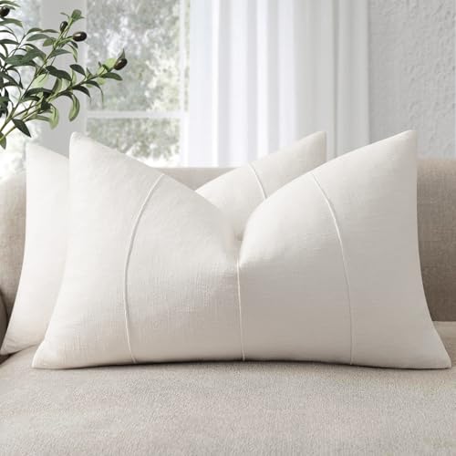 12x20 Pillow Covers Set of 2 Decorative Linen Lumbar Pillow Covers Solid handcrafted Striped Cushion Covers for Bed Soft Modern Farmhouse Neutral Pillowcase for Couch Bedroom Living Room(Cream White) by ZWJD - Used condition - US$17.50