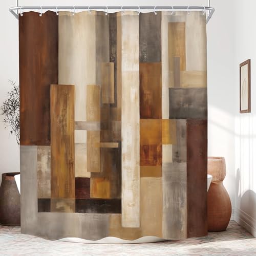 KOMLLEX Brown Shower Curtain 60Wx72H Inches Rustic Tan Abstarct Shower Curtains for Bathroom Retro Wooden Block Geometric Farmhouse Bathroom Curtains Fabric Waterproof Polyester 12 Hooks