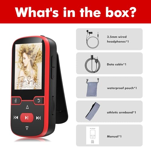 Image of 64GB MP3 Player Bluetooth 5.3 with Clip, HiFi Sport Music Player, 1.5 Inch Screen MP3 Player for Kids with Physical Buttons, FM Radio /Pedometer /Voice Recorder, Weighs Only 28g, TF Card Up to 128G(Red)