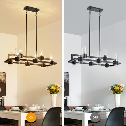 Image of WUZUPS Island Rectangle Chandelier 8-Light with Clear Glass Industrial Modern Farmhouse Linear Light Fixture for Dining Room Kithen Island, Width 33.5 inch Height 12.6 inch, Black
