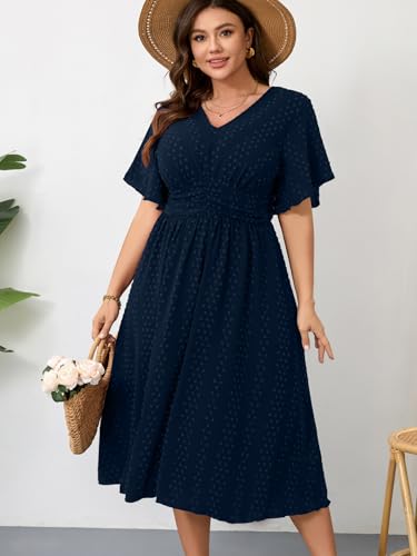 Image of RWJ Women's Plus Size Maxi Dress V Neck Short Sleeve Swiss Dot A Line High Waist Boho Swing Casual Summer Dresses