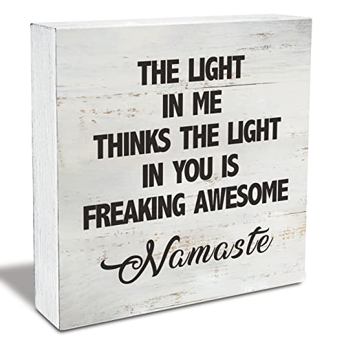 Namaste Quote the Light in Me Thinks the Light in You Wood Box Sign Rusitc Wooden Box Sign Yoga Meditation Room Desk Shelf Decor (5 X 5 Inch)